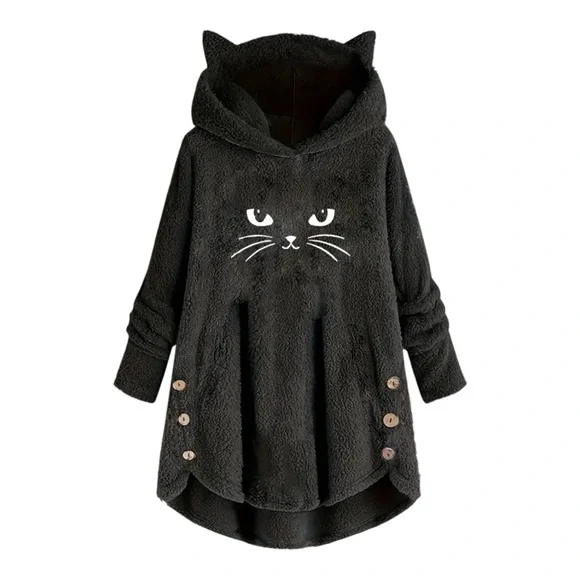🆕 Cat Print Plush Hoodie, Long Sleeve Button Down Sweatshirt, Casual Dipped Hem - Picture 3 of 9